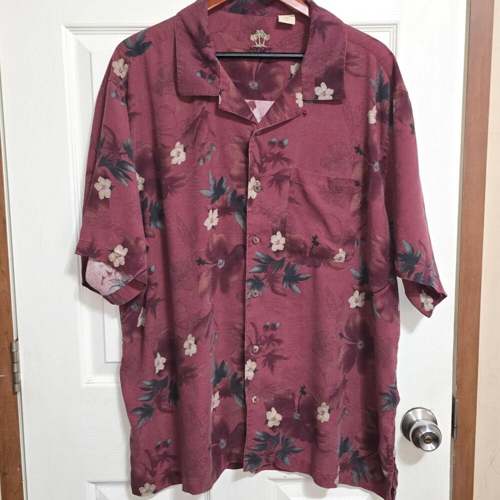 Arrow Men's Burgundy Hawaiian Shirt 100% Silk